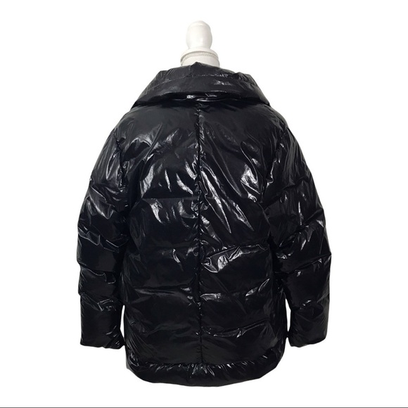 Bacon Women Small Black Shiny Pocketed Zippered Hooded Down Puffer Jacket - Picture 3 of 16